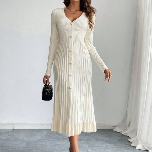 Apricot Elegant Women's V-Neck Long Sleeve Buttoned Pleated A-Line Sweater Dress - Picture 4 of 6